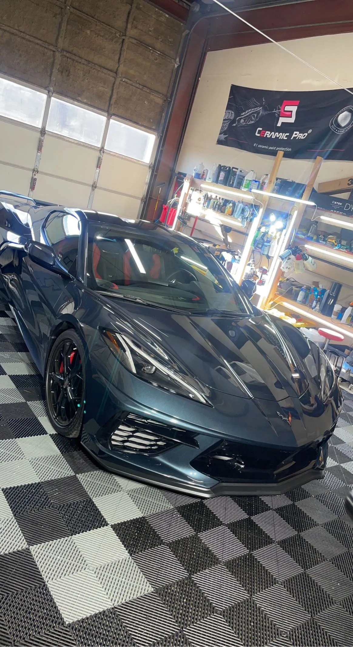 Grey C8 Corvette in the bay