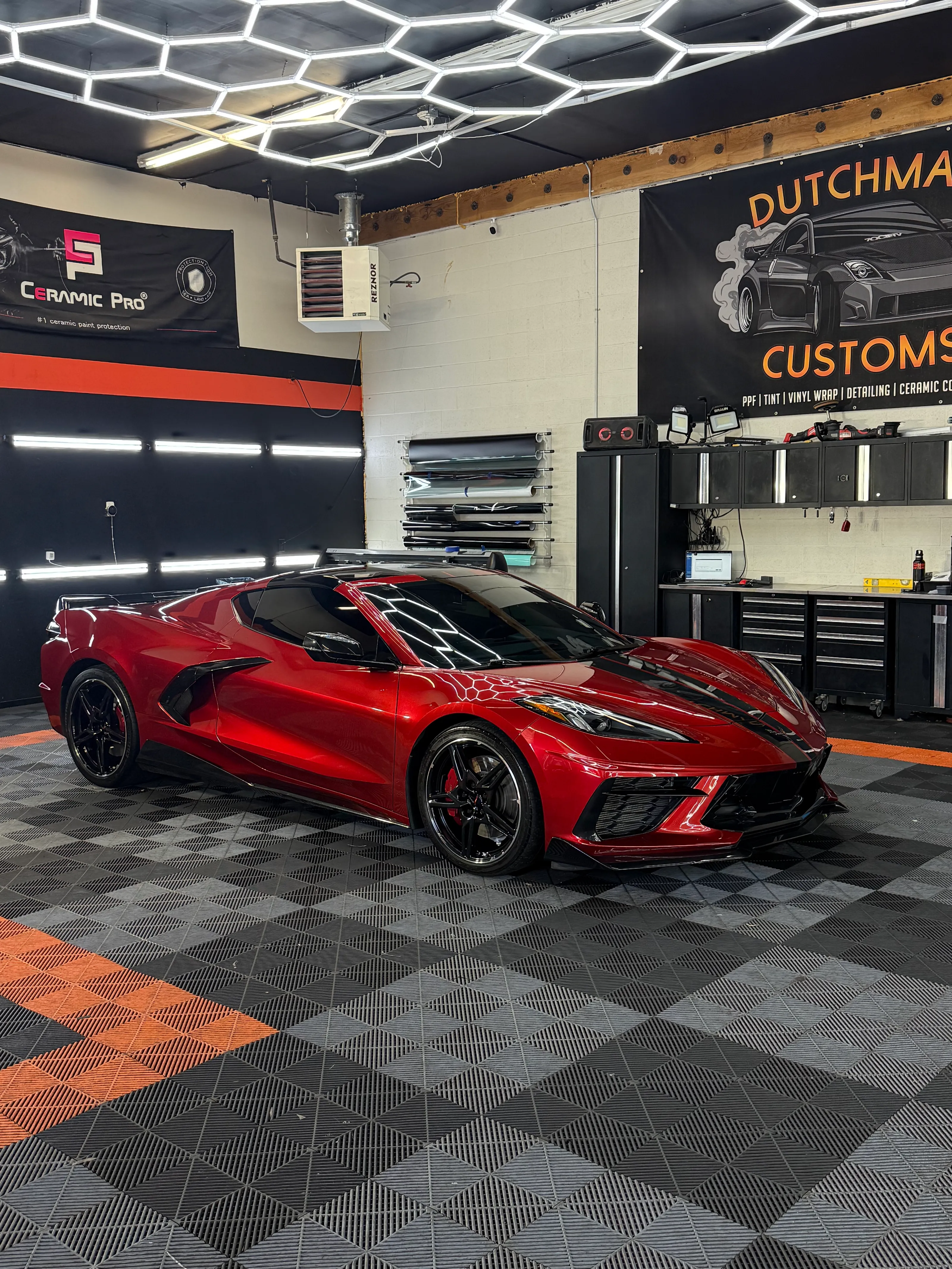 Red C8 Corvette Stingray in the bay
