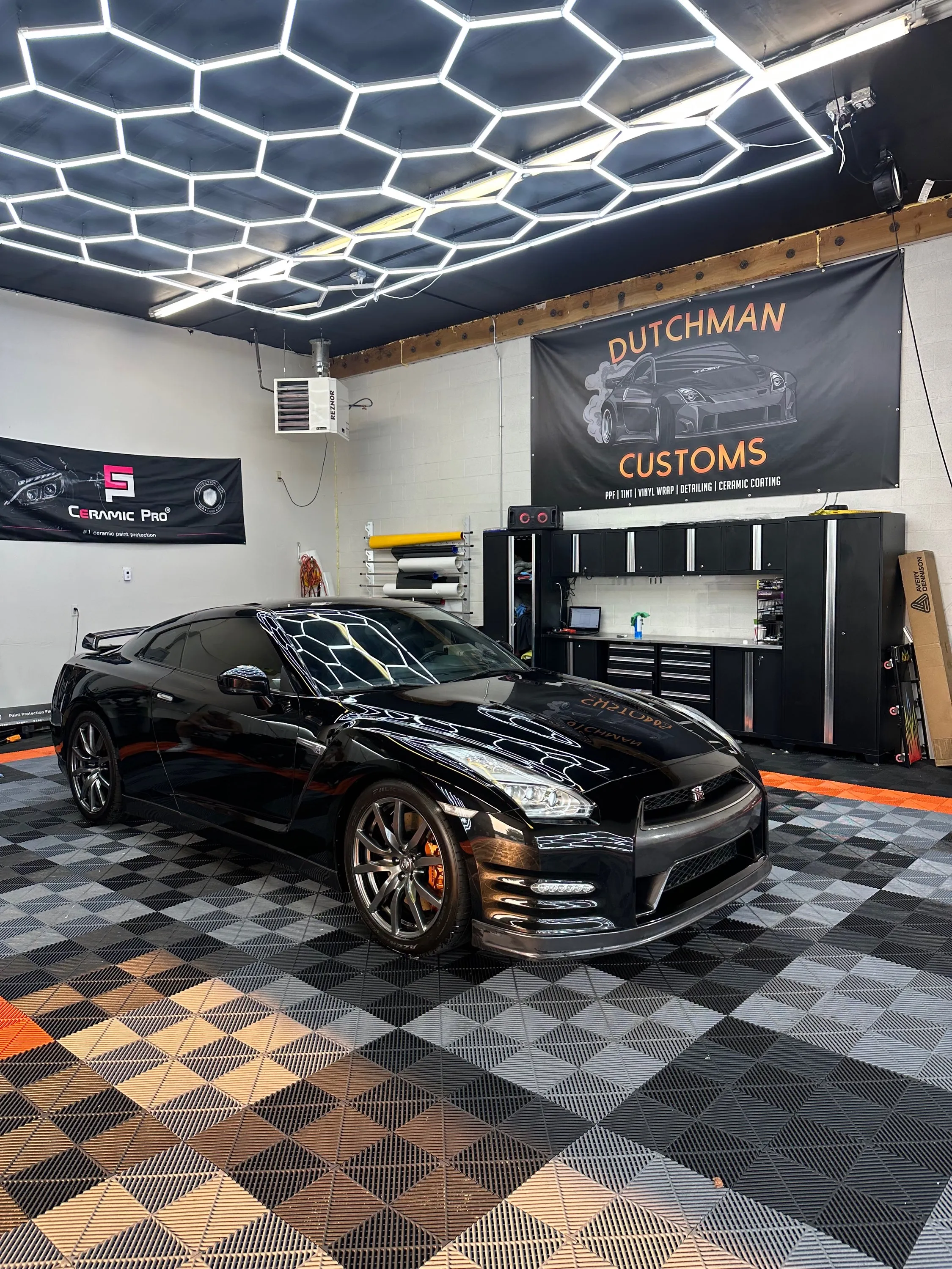 Black Nissan GT-R in the bay