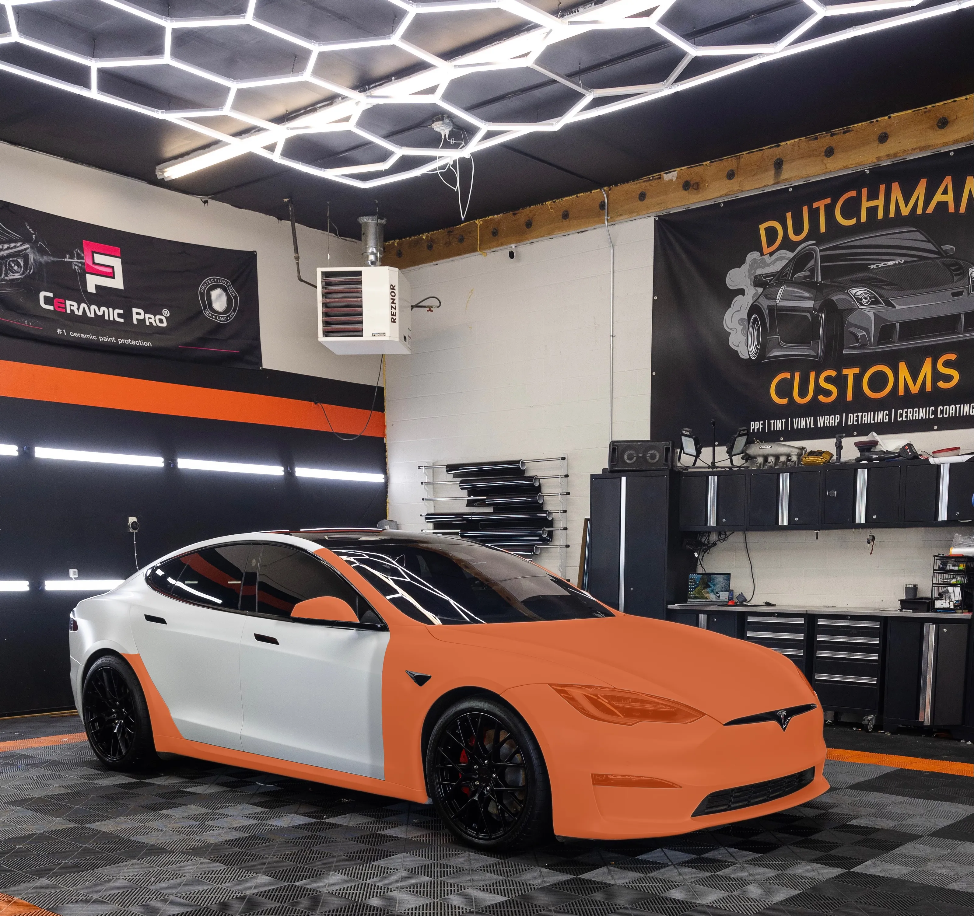 Tesla Model S with Full Front + Rockers PPF coverage marked in orange