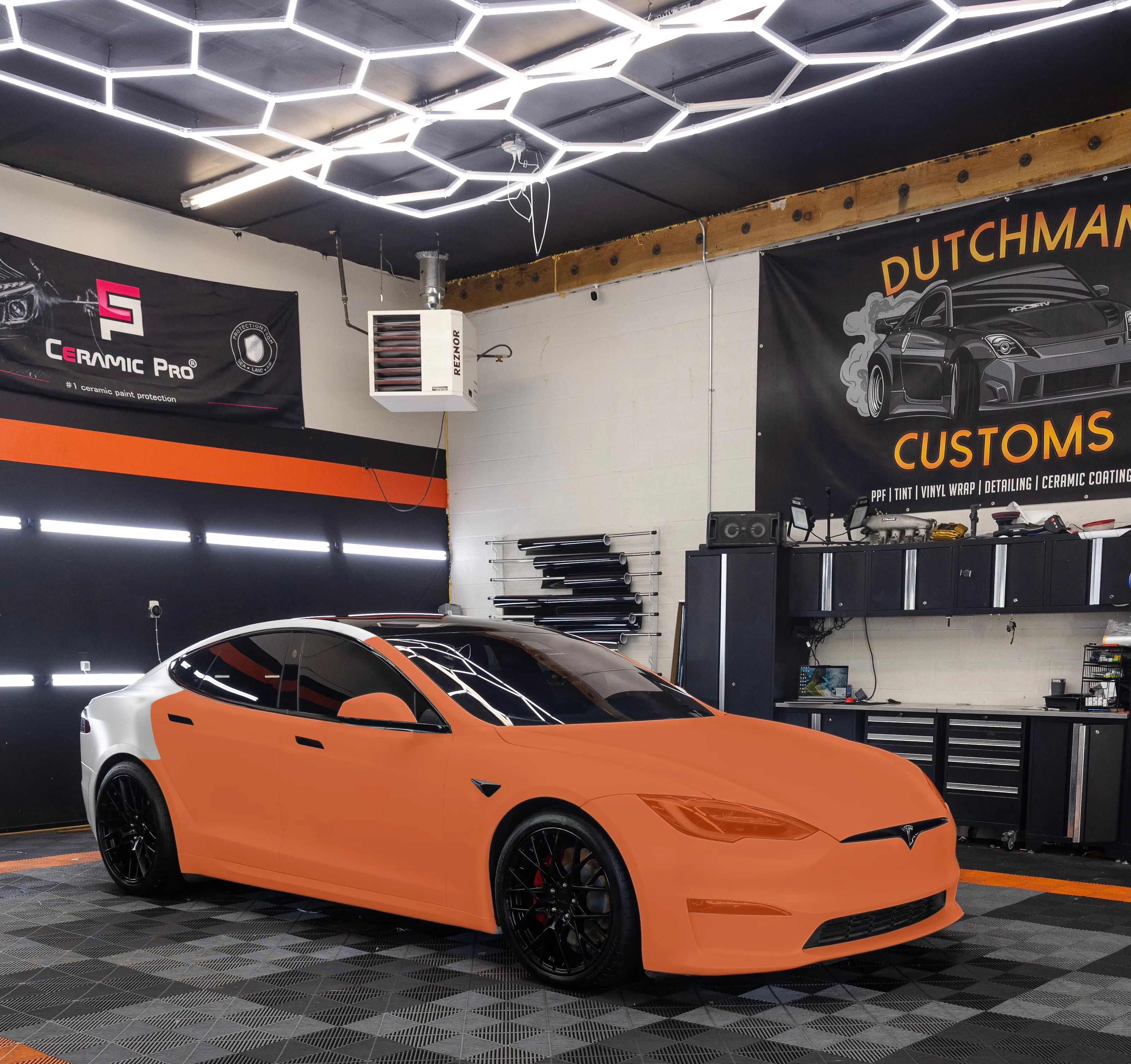 Tesla Model S with 3/4 Body PPF coverage marked in orange